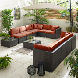 Furniturebox Orlando Orange Brown Rattan Garden Sofa Modular Outdoor Patio Couch Seating, Table & 10 Chairs Garden Corner Sofa Set - thumbnail 2