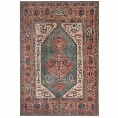 Loomed Distressed Terracotta Green Persian Style Washable Non Slip Rug 60X110Cm - image 1