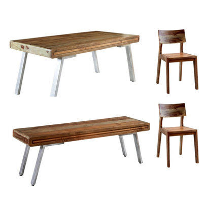 Retro Wood And Metal Large Dining Table Set With 1 Bench And 2 Chairs - image 1
