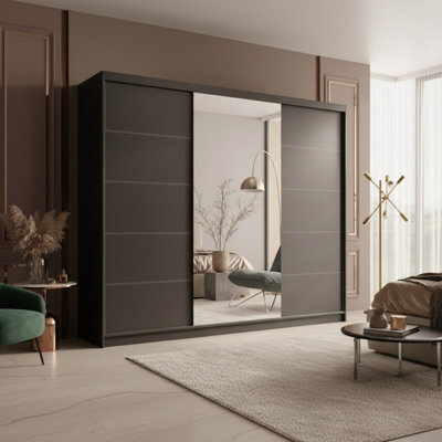 Etna 250 Large Sliding Door Wardrobe With Mirror For Contemporary Homes Black - image 1