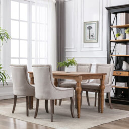 HomeTouch Set Of 2 Luxe Upholstered Dining Chairs, Plush Comfort Kitchen Chairs With Vintage Nailhead Trim & Premium Oak Wood Legs Beige - thumbnail 3