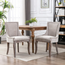 HomeTouch Set Of 2 Luxe Upholstered Dining Chairs, Plush Comfort Kitchen Chairs With Vintage Nailhead Trim & Premium Oak Wood Legs Beige - thumbnail 1
