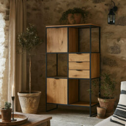 Wyld Haus Bologna Bookcase - Matte Black Steel Frame With Wild Oak Shelves, 2 Doors 3 Drawers