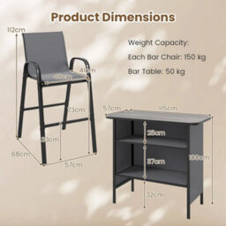 3 Pc Bar Set Patio Bar Height Table & Chairs-Gray - thumbnail 2