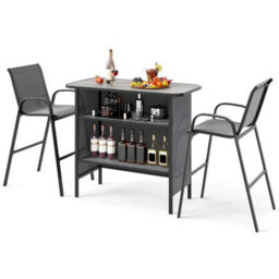 3 Pc Bar Set Patio Bar Height Table & Chairs-Gray - thumbnail 1