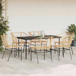 Berkfield 7 Piece Garden Dining Set Brown Poly Rattan Glass - thumbnail 3
