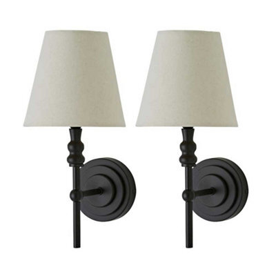 Valuelights Maggie Pair Of Black Candlestick Wall Lights With Linen Shade - image 1