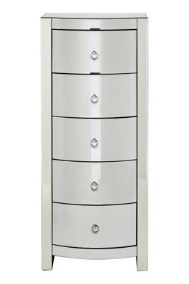 Orsina Bevelled Curved Tall Boy Drawers, Mirrored Glass Finish Chest For Bedroom, Ample Storage 5 Drawer Tall Chest - image 1
