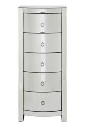 Orsina Bevelled Curved Tall Boy Drawers, Mirrored Glass Finish Chest For Bedroom, Ample Storage 5 Drawer Tall Chest