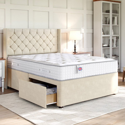 Divan Base Direct Plush Cream Platform Top Divan Bed Base 4Ft6 Double With 2 End Drawers + Chesterfield Strutted Headboard - image 1