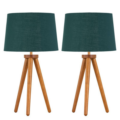 First Choice Lighting Set Of 2 Dark Oak Table Lamp Or Bedside Lights With Green Gold Shades - image 1