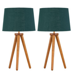 First Choice Lighting Set Of 2 Dark Oak Table Lamp Or Bedside Lights With Green Gold Shades