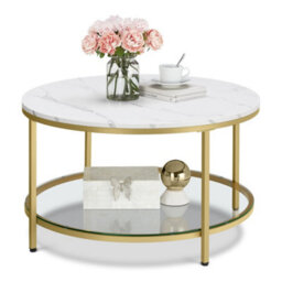 LEDREM Coffee Table, Living Room Table, Sofa Cocktail Table Faux Marble Round, Tempered Glass Storage Shelf, Easy To Assemble - thumbnail 4