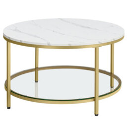 LEDREM Coffee Table, Living Room Table, Sofa Cocktail Table Faux Marble Round, Tempered Glass Storage Shelf, Easy To Assemble - thumbnail 3