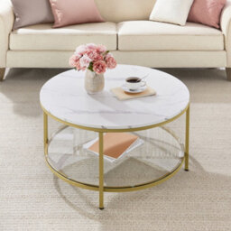 LEDREM Coffee Table, Living Room Table, Sofa Cocktail Table Faux Marble Round, Tempered Glass Storage Shelf, Easy To Assemble - thumbnail 2
