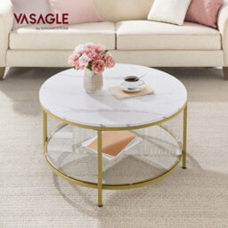 LEDREM Coffee Table, Living Room Table, Sofa Cocktail Table Faux Marble Round, Tempered Glass Storage Shelf, Easy To Assemble - thumbnail 1