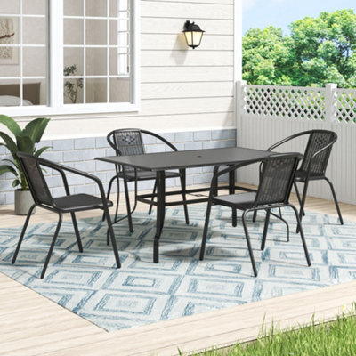 Thehotsale 150Cm L Garden Metal Slatted Coffee Table With Four Rattan Chairs Outdoor Table In Black - image 1