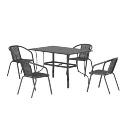 Thehotsale 150Cm L Garden Metal Slatted Coffee Table With Four Rattan Chairs Outdoor Table In Black - thumbnail 3