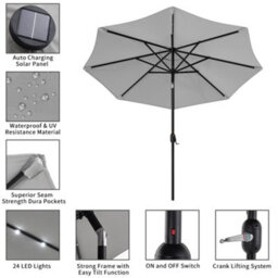 Living And Home 3M Tiltable Garden Parasol Outdoor Patio Sun Shade Umbrella With 24 Solar Led Lights Crank Tilt No Base, Light Grey - thumbnail 5