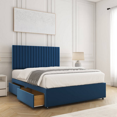 Bsspoke Brooke Divan Bed Set Blue Velvet With 24Inch Panel Headboard & Mattress & 2 Drawers Same Side 3Ft 4Ft 4Ft6 5Ft 6Ft - image 1