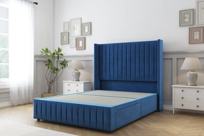 "Sloomy Marlborough Navy Plush Divan Bed Base No Drawers-54"" Wingback Headboard & 12"" Footboard 2'6 Small Single" - image 1