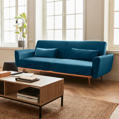 Sweeek. 3-Seater Convertible Sofa Bed Petrol Blue Velvet - image 1