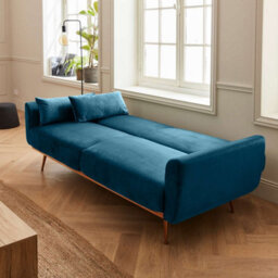 Sweeek. 3-Seater Convertible Sofa Bed Petrol Blue Velvet - thumbnail 2