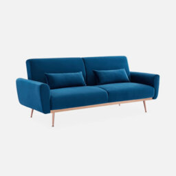 Sweeek. 3-Seater Convertible Sofa Bed Petrol Blue Velvet - thumbnail 3