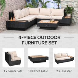 Outsunny 4Pcs Rattan Sofa Set Garden Furniture Set With Armrest Cushions Black - thumbnail 5