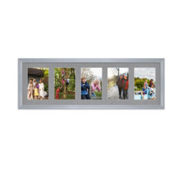 AK Frames 26X8 Silver Classic Multi Photo Frame With Mid Grey Mount - Holds 5 Apertures (5X) 6X4 Photos - thumbnail 1