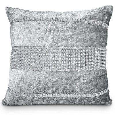 Intimates Luxurious Crushed Velvet Cushion, Diamante Detail - Zip Closure, Machine Washable - Silver