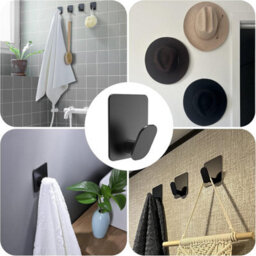 4 Pack Adhesive Wall Hooks, Coat Rack, Towel Rack, Bathroom Towel Holder, No Drilling Required, Stainless Steel, Black - thumbnail 5