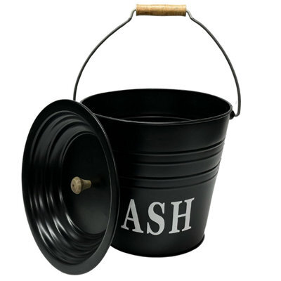 12L Black Metal Ash Bucket With Wooden Handle & Lid Handle - Coal Storage, Log Holder & Fireplace Bin (Ash Bucket Only) - image 1