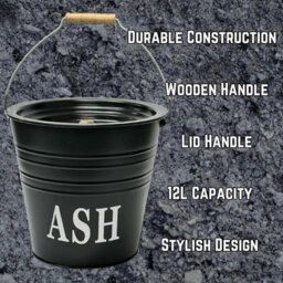 12L Black Metal Ash Bucket With Wooden Handle & Lid Handle - Coal Storage, Log Holder & Fireplace Bin (Ash Bucket Only) - thumbnail 5
