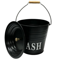 12L Black Metal Ash Bucket With Wooden Handle & Lid Handle - Coal Storage, Log Holder & Fireplace Bin (Ash Bucket Only)