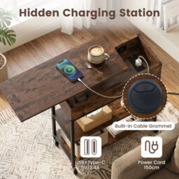 Rolling Lift Top End Table With Charging Station Narrow Side Table Bedside Table - thumbnail 6