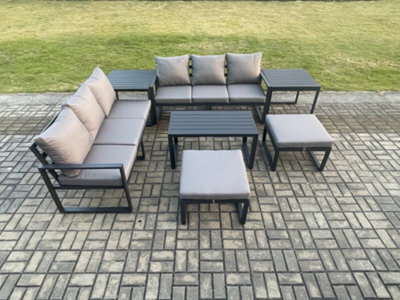 Fimous Aluminium Patio Outdoor Garden Furniture Lounge Sofa Set With Oblong Coffee Table 2 Big Footstools 2 Side Tables - image 1