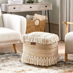 Wyld And Coco Bohonest Square Pouffe Beige Jute And Cotton 40 X 40 X 40 Cm With Tassels - thumbnail 2