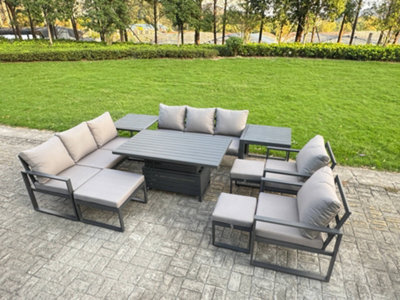 Fimous 11-Seater Aluminium Outdoor Dining Set With Adjustable Rising Lifting Dining Table & Cushions 2 Side Tables 3 Footstools - image 1