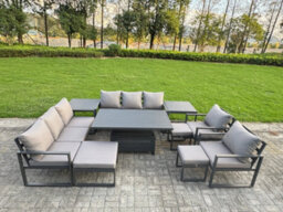 Fimous 11-Seater Aluminium Outdoor Dining Set With Adjustable Rising Lifting Dining Table & Cushions 2 Side Tables 3 Footstools - thumbnail 2