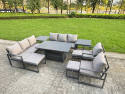 Fimous 11-Seater Aluminium Outdoor Dining Set With Adjustable Rising Lifting Dining Table & Cushions 2 Side Tables 3 Footstools - thumbnail 1