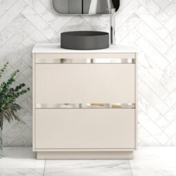 Royal Bathrooms Orion 800mm Warm Taupe Floor Standing Plain White Countertop Vanity Unit 2 Drawer With Art Round Basin & Chrome Accent Trim