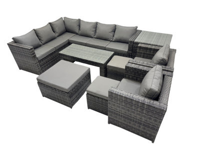 Fimous 9 Pieces Outdoor Pe Rattan Garden Furniture Corner Sofa Oblong Coffee Table Set With Cushions 3 Footstools Side Table - image 1