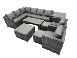Fimous 9 Pieces Outdoor Pe Rattan Garden Furniture Corner Sofa Oblong Coffee Table Set With Cushions 3 Footstools Side Table - thumbnail 1