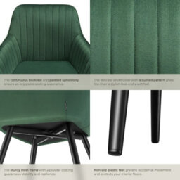 Tectake Set Of 4 Chair Marilyn - Velvet Look, Quilted, Continuous Backrest, Slim Steel Legs  - Dark Green / Black - thumbnail 5
