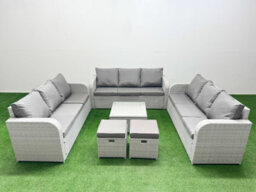 Fimous Pe Rattan Lounge Sofa Set 11 Seater Outdoor Garden Furniture Set Square Coffee Table 3 Seater Sofa 2 Stools Light Grey - thumbnail 1
