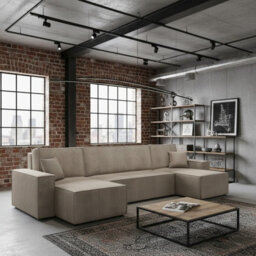 Karl U Corner Sofa Bed With Storage Chipboard Frame Polyurethane Foam Upholstery Grey 305X145X82 Cm Beige Universal - thumbnail 1
