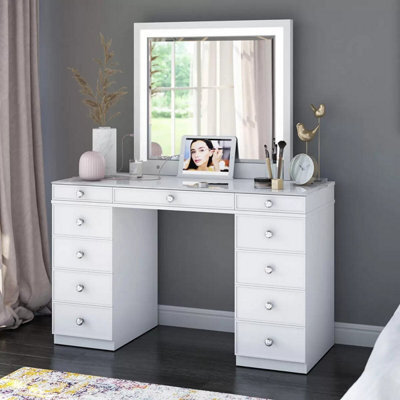 Xample Tresanti Alexandra Double Pedestal Vanity Table With Led Mirror 9 Drawers, Usb & Ac Power Ports, White Glass Top Dressing Table - image 1