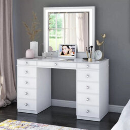Xample Tresanti Alexandra Double Pedestal Vanity Table With Led Mirror 9 Drawers, Usb & Ac Power Ports, White Glass Top Dressing Table - thumbnail 1