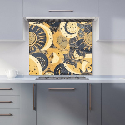 Warren Reed Designer Blue Gold Moon And Sun Premium Glass Kitchen Splashback W900mm X H650mm - image 1
